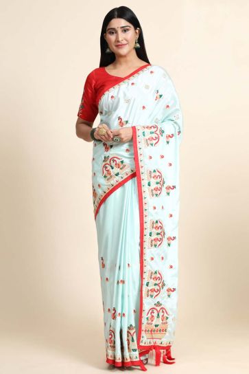 Festival Wear Light Cyan Color Marvelous Embroidered Work Crepe Silk Fabric Saree
