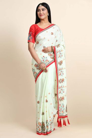 Festival Wear Sea Green Color Exquisite Embroidered Work Saree In Crepe Silk Fabric