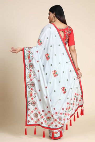 Crepe Silk Fabric Off White Color Festival Wear Saree With Fascinating Embroidered Work