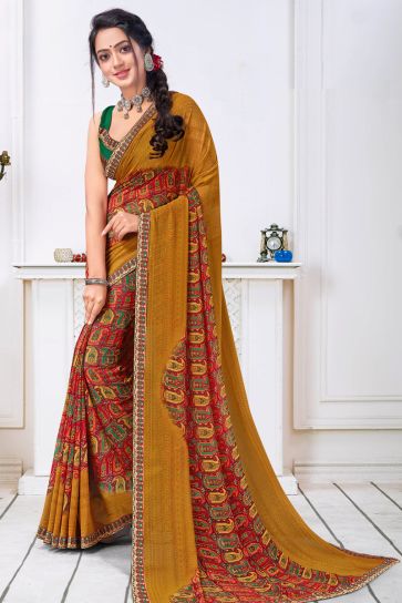 Mustard Color Georgette Fabric Casual Wear Marvelous Saree With Floral Printed Work