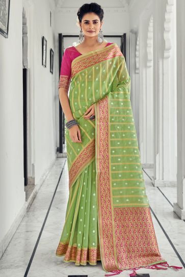 Organza Fabric Green Color Festival Wear Saree With Imperial Weaving Work