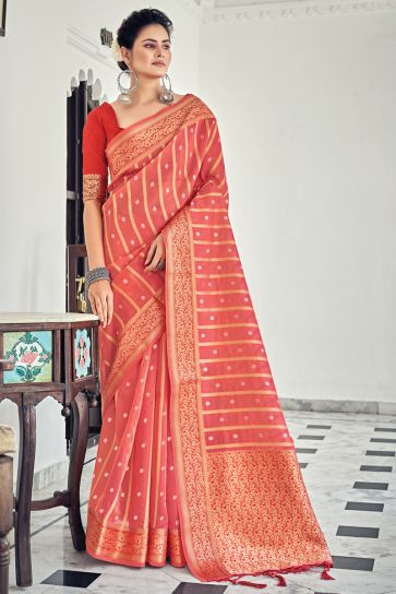 Peach Color Organza Fabric Festival Wear Pleasing Saree With Weaving Work