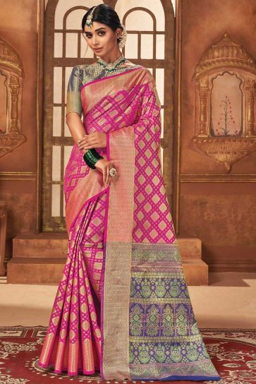 Incredible Jacquard Work On Art Silk Fabric Pink Color Festival Wear Patola Style Saree