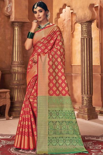 Radiant Red Color Art Silk Fabric Festival Wear Patola Style Saree With Jacquard Work