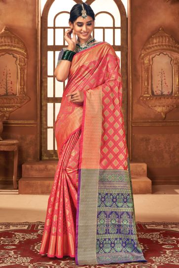 Alluring Art Silk Fabric Peach Color Festival Wear Patola Style Saree With Jacquard Work