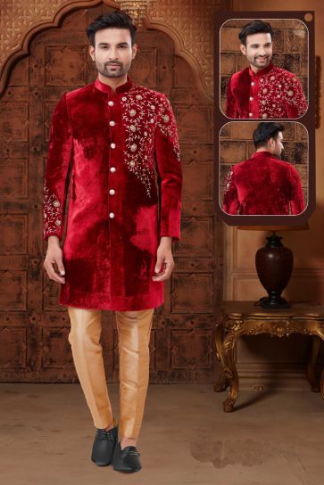 Enriching Red Velvet Reception Wear Indo Western For Men