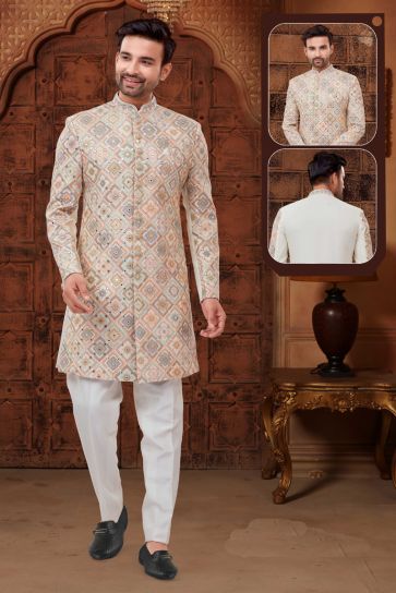 Glamorous Cream Fancy Fabric Sangeet Wear Indo Western For Men
