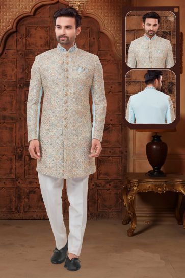 Graceful Light Cyan Fancy Fabric Reception Wear Indo Western For Men