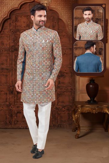 Artistic Teal Fancy Fabric Wedding Wear Indo Western For Men