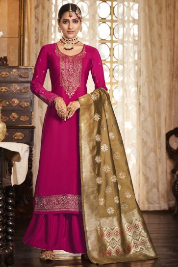 Crepe Fabric Enthralling Rani Color Function Wear Palazzo Suit With Embroidered Work