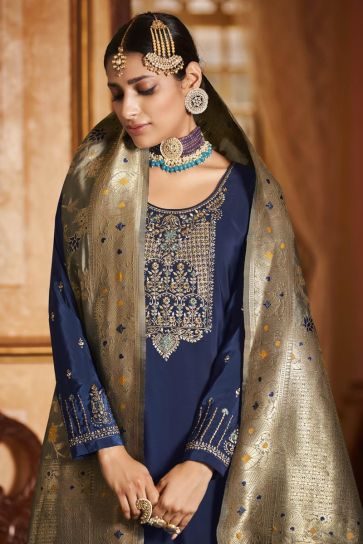 Embroidered Work Function Wear Navy Blue Color Crepe Fabric Admirable Salwar Suit