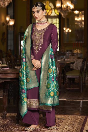 Wine Color Function Wear Crepe Fabric Salwar Suit With Adorning Embroidered Work