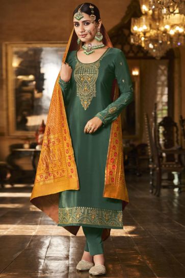 Dark Green Color Function Wear Crepe Fabric Salwar Suit With Coveted Embroidered Work