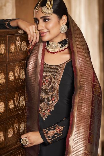 Brown Color Function Wear Crepe Fabric Salwar Suit With Intricate Embroidered Work