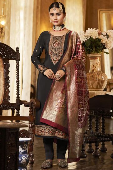 Brown Color Function Wear Crepe Fabric Salwar Suit With Intricate Embroidered Work