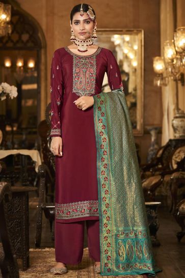 Precious Function Wear Maroon Color Crepe Fabric Palazzo Suit With Embroidered Work