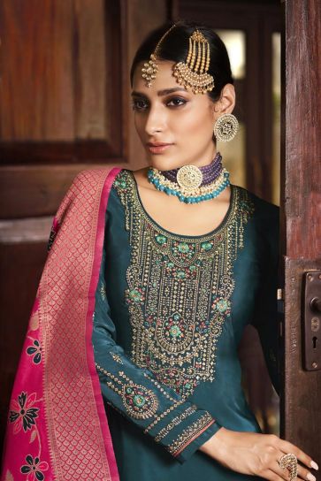 Crepe Fabric Teal Color Function Wear Palazzo Suit With Imposing Embroidered Work