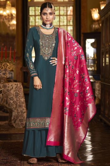 Crepe Fabric Teal Color Function Wear Palazzo Suit With Imposing Embroidered Work