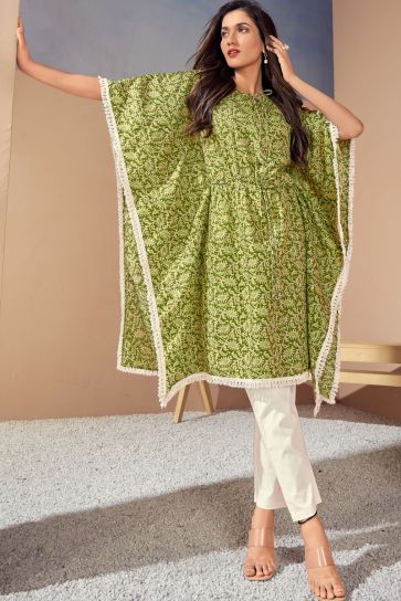 Cotton Fabric Printed Awesome Kaftan Style Kurti In Green Color