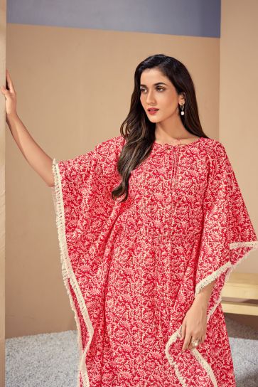 Radiant Red Color Printed Cotton Fabric Kaftan Style Kurti