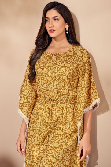 Mustard Color Printed Cotton Fabric Fabulous Kaftan Style Kurti