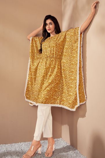 Mustard Color Printed Cotton Fabric Fabulous Kaftan Style Kurti