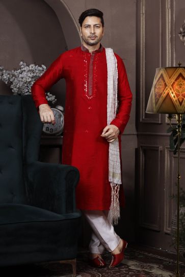 Red Color Silk Wedding Wear Designer Readymade Kurta Pyjama For Men