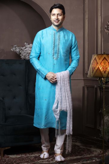 Cyan Color Silk Reception Wear Fancy Readymade Kurta Pyjama For Men