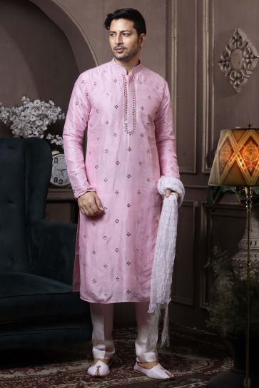 Pink Color Silk Festive Wear Trendy Readymade Kurta Pyjama For Men