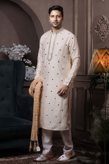 Beige Color Silk Sangeet Wear Designer Readymade Kurta Pyjama For Men