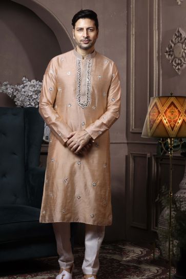Cream Color Silk Wedding Wear Fancy Readymade Kurta Pyjama For Men