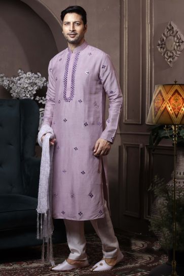Lavender Color Silk Reception Wear Stylish Readymade Kurta Pyjama For Men