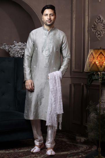 Grey Color Silk Festive Wear Designer Readymade Kurta Pyjama For Men