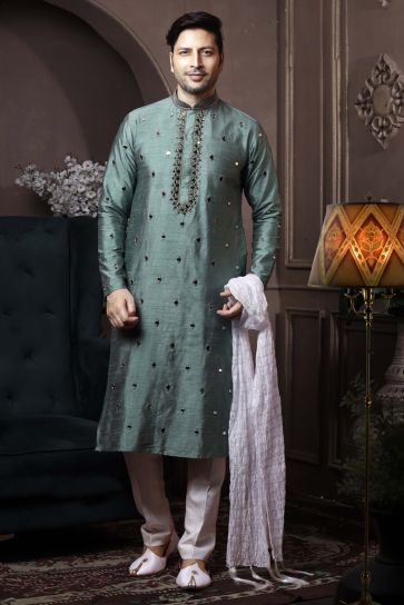 Teal Color Silk Sangeet Wear Fancy Readymade Kurta Pyjama For Men