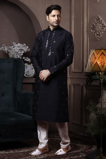 Black Color Silk Wedding Wear Stylish Readymade Kurta Pyjama For Men