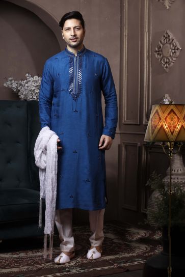 Blue Color Silk Reception Wear Trendy Readymade Kurta Pyjama For Men