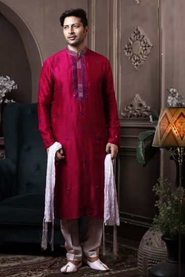 Rani Color Silk Function Wear Designer Readymade Kurta Pyjama For Men