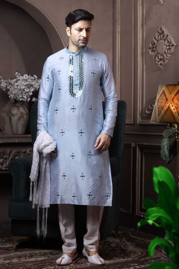 Light Cyan Color Silk Festive Wear Fancy Readymade Kurta Pyjama For Men