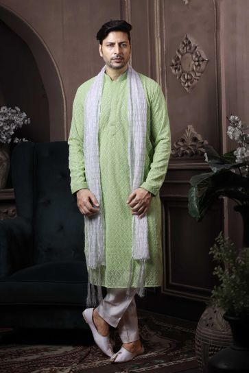 Sea Green Color Georgette Function Wear Fancy Readymade Kurta Pyjama For Men