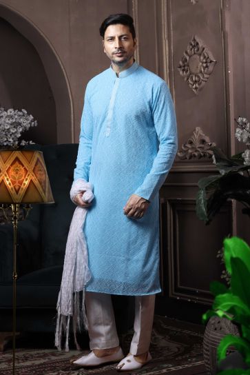Sky Blue Color Georgette Festive Wear Stylish Readymade Kurta Pyjama For Men
