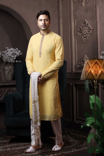 Yellow Color Georgette Sangeet Wear Trendy Readymade Kurta Pyjama For Men