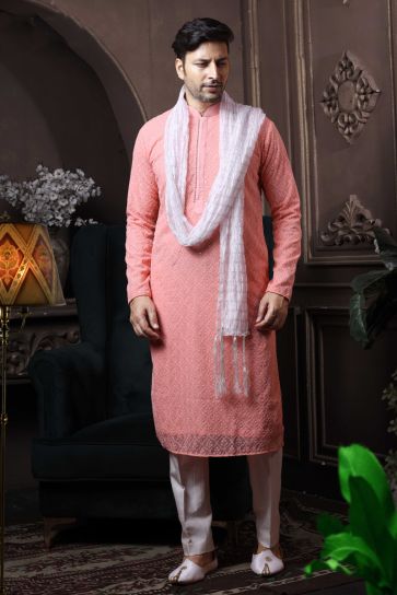 Peach Color Georgette Wedding Wear Designer Readymade Kurta Pyjama For Men