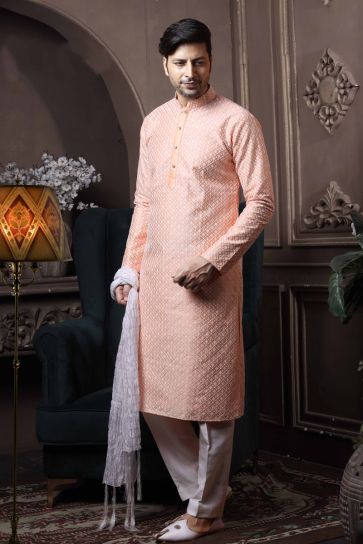 Peach Color Silk Festive Wear Trendy Readymade Kurta Pyjama For Men