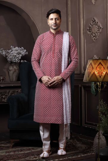 Maroon Color Silk Wedding Wear Fancy Readymade Kurta Pyjama For Men