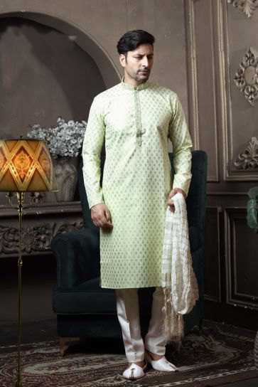 Sea Green Color Cotton Reception Wear Stylish Readymade Kurta Pyjama For Men