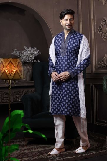Navy Blue Color Cotton Function Wear Trendy Readymade Kurta Pyjama For Men