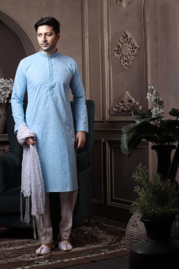 Sky Blue Color Cotton Festive Wear Designer Readymade Kurta Pyjama For Men