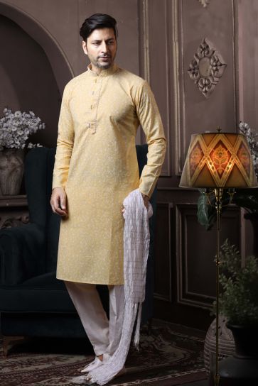 Yellow Color Cotton Function Wear Fancy Readymade Kurta Pyjama For Men