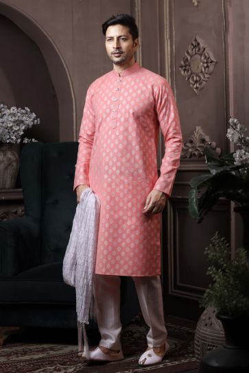 Pink Color Cotton Festive Wear Stylish Readymade Kurta Pyjama For Men