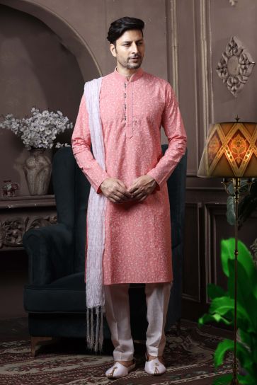 Pink Color Cotton Wedding Wear Designer Readymade Kurta Pyjama For Men
